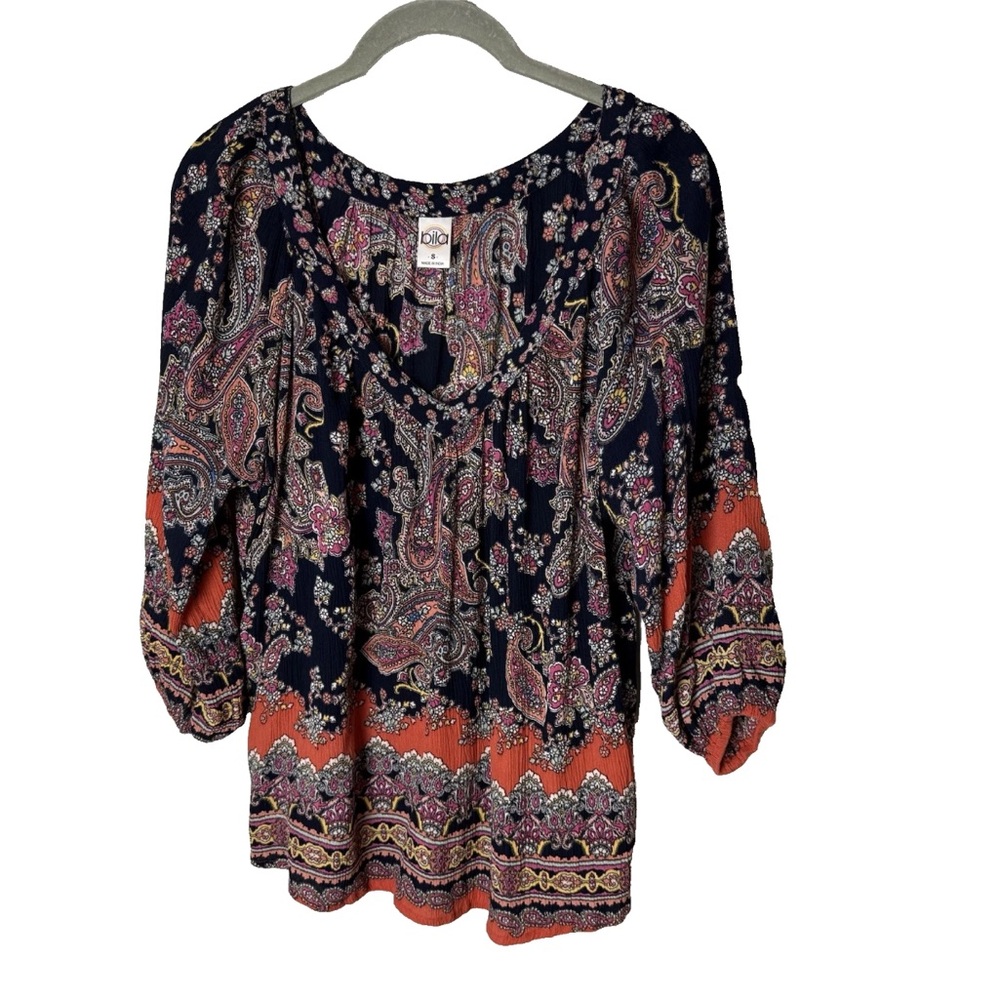 Bila Blouse Size Small Top 3/4 Sleeves V-Neck Boho Floral Paisley Navy Blue
